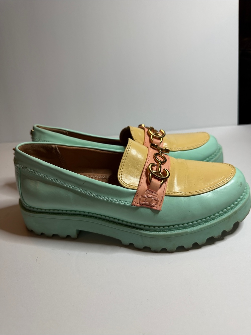 Circus by Sam Edelman Mint Green, Yellow & Pink Patent Loafers with Gold Chain